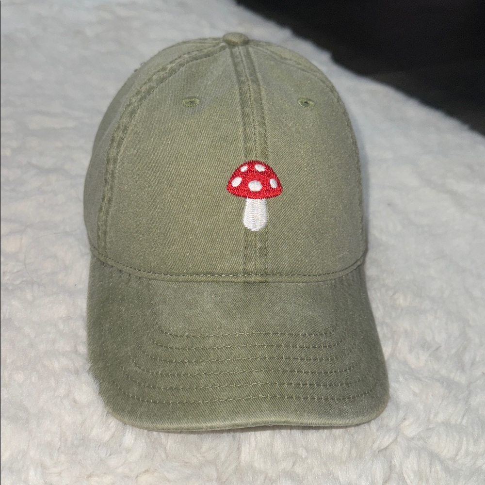 Lids Olive Green Hat with Red Mushroom Embroidery